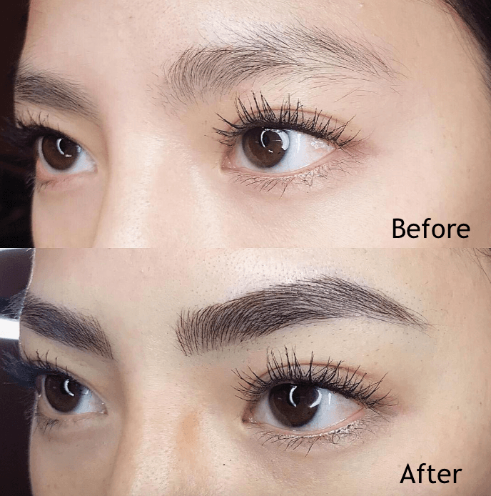 Before and after comparison showing softly defined client eyebrows
